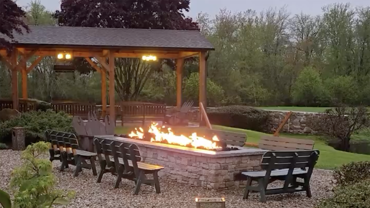 The backyard of The Nordic where guests are welcome to spend time. Fire pits and pavilions pictured.